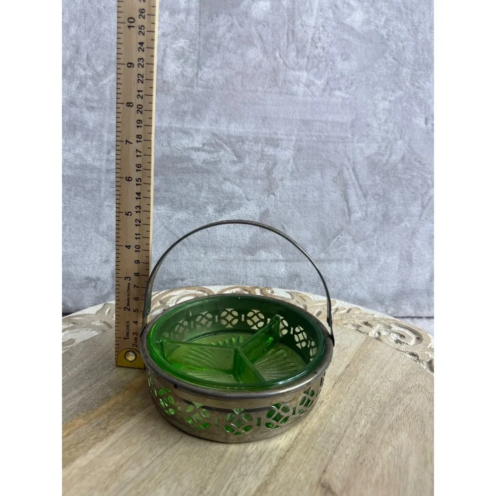 Vintage Green Depression Glass Divided Candy Dish in Silver Filigree‎ Basket